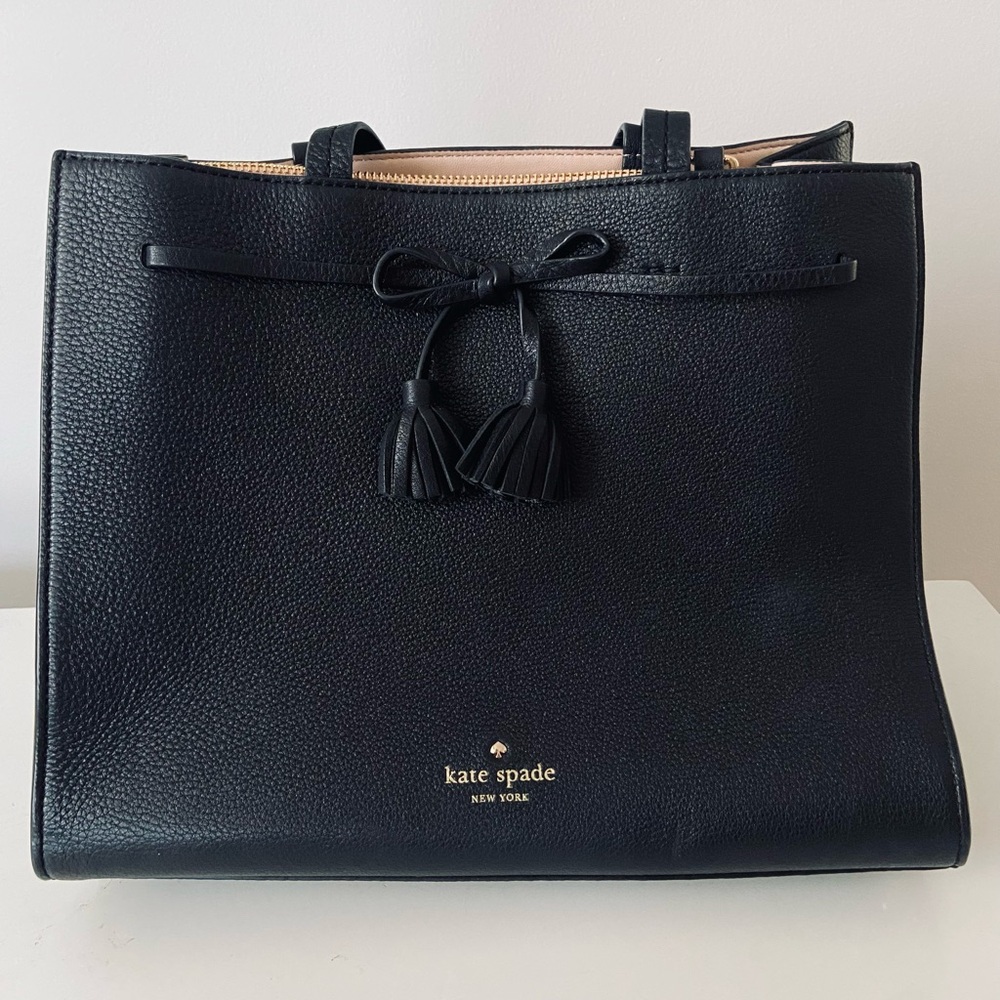 kate spade Black Pebbled Leather Satchel with Tassel Bow